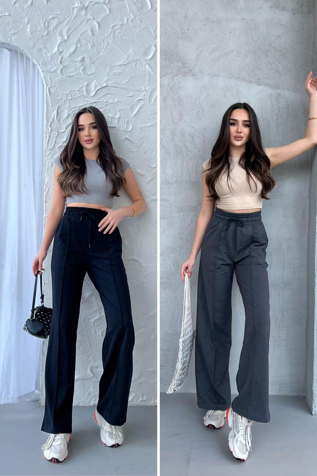 Siyah-Antrasit Kadın Mevsimlik Salaş Geniş Paça Yüksek Bel 2'li Eşofman AltıC MRB102