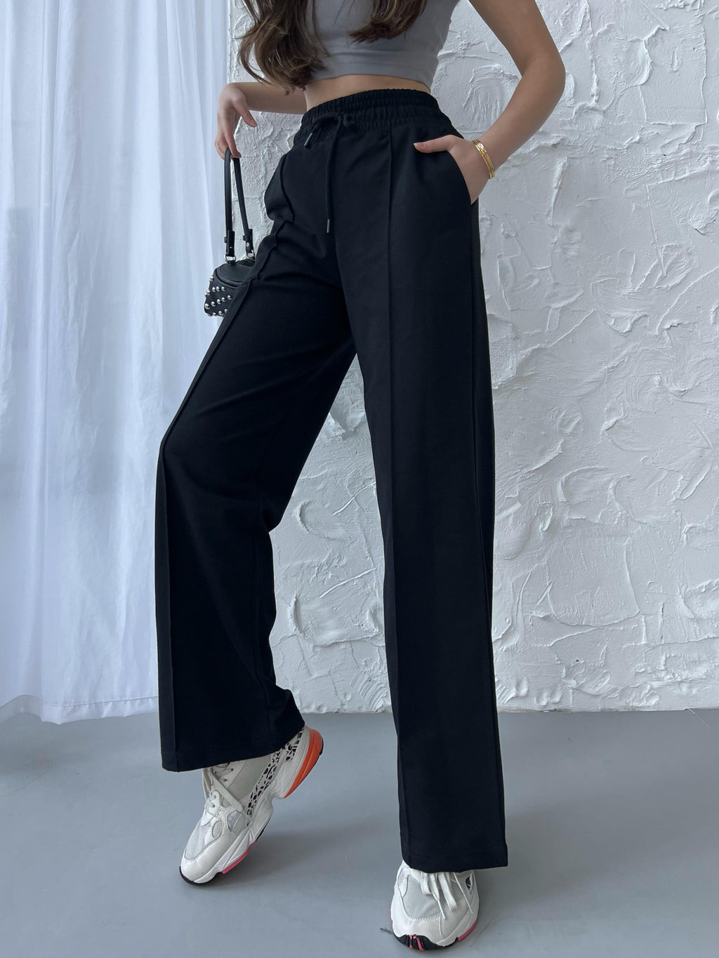 Siyah-Antrasit Kadın Mevsimlik Salaş Geniş Paça Yüksek Bel 2'li Eşofman AltıC MRB102