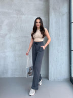 Siyah-Antrasit Kadın Mevsimlik Salaş Geniş Paça Yüksek Bel 2'li Eşofman AltıC MRB102