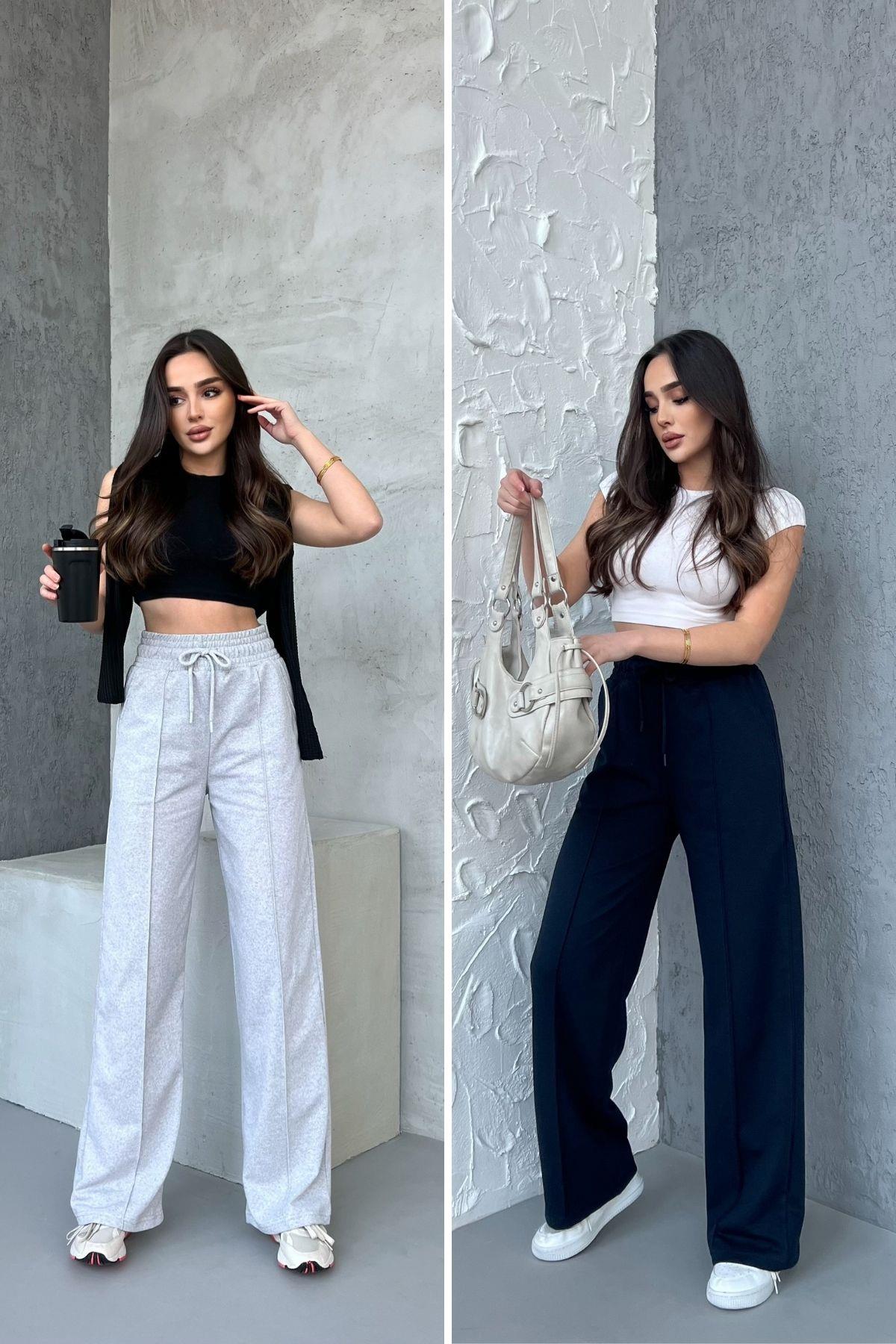 Siyah-Antrasit Kadın Mevsimlik Salaş Geniş Paça Yüksek Bel 2'li Eşofman AltıC MRB102