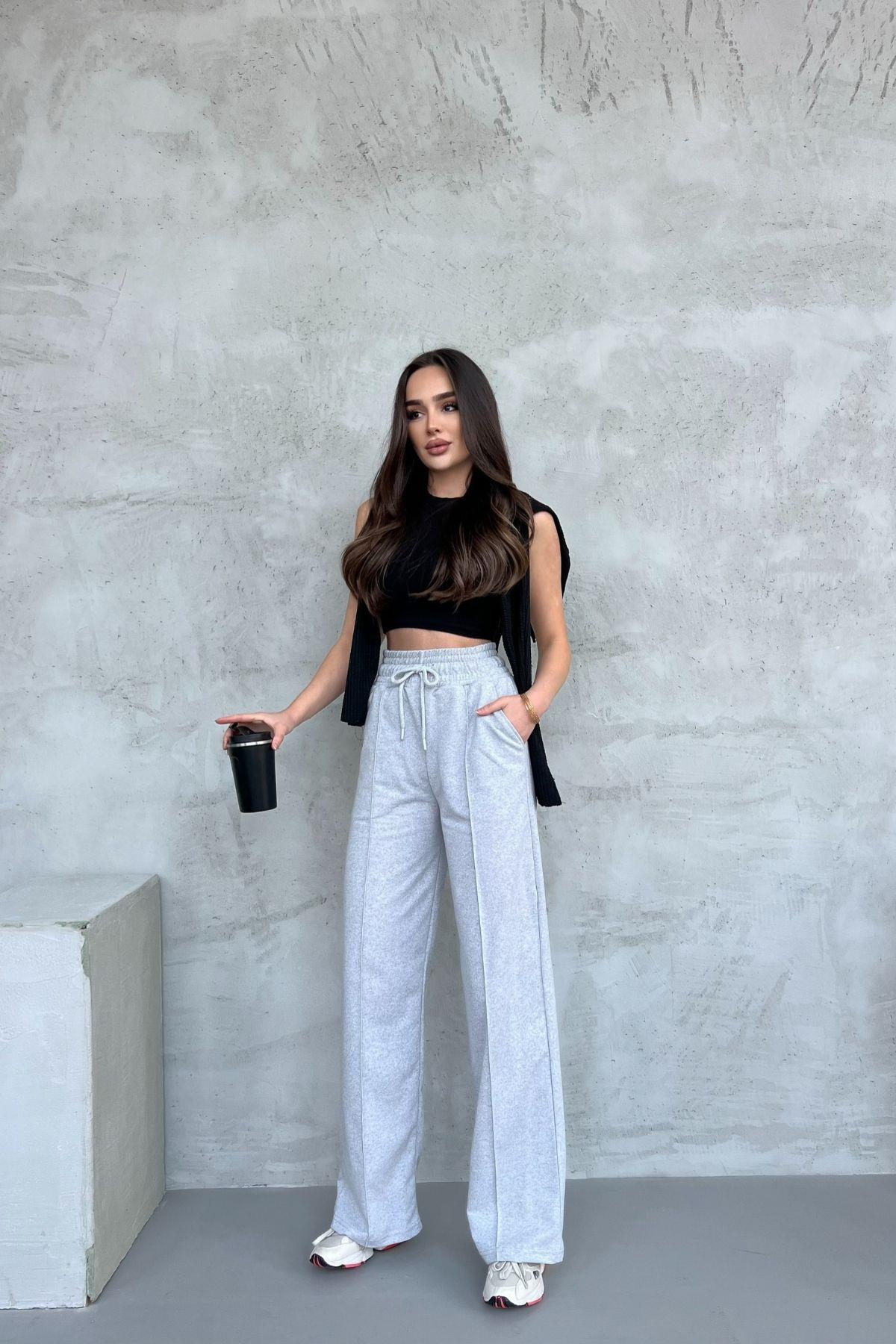 Siyah-Antrasit Kadın Mevsimlik Salaş Geniş Paça Yüksek Bel 2'li Eşofman AltıC MRB102