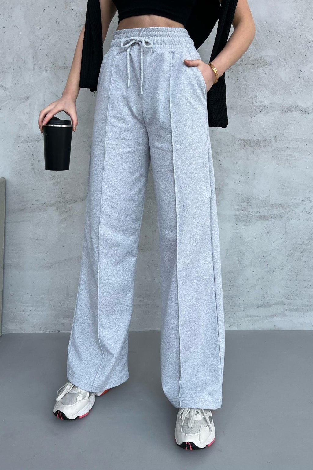 Siyah-Antrasit Kadın Mevsimlik Salaş Geniş Paça Yüksek Bel 2'li Eşofman AltıC MRB102