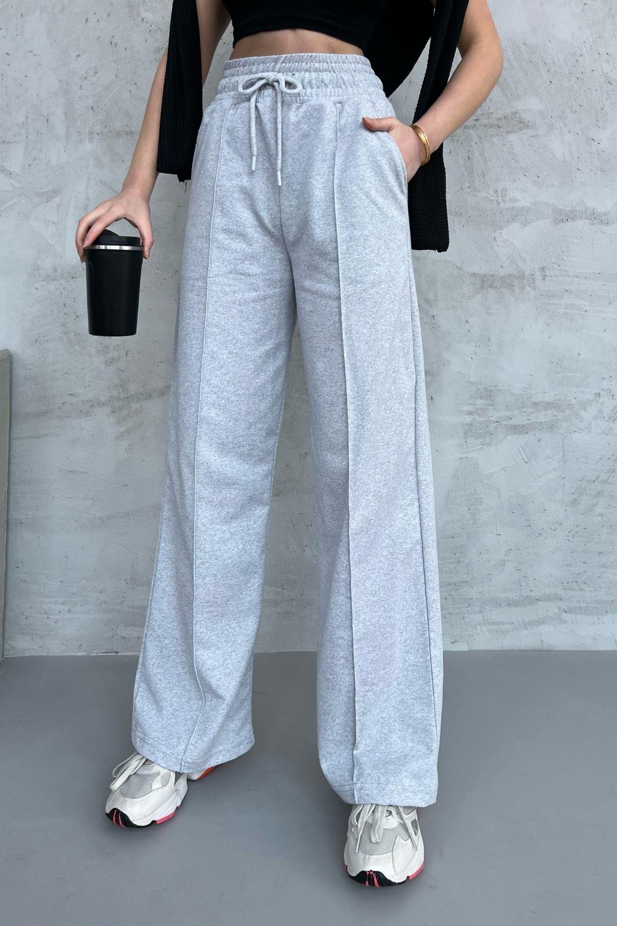 Siyah-Antrasit Kadın Mevsimlik Salaş Geniş Paça Yüksek Bel 2'li Eşofman AltıC MRB102