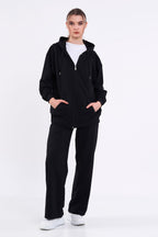 Kadın Siyah Normal Kalıp Basic Beli Lastikli Kapüşonlu Oversize Mevsimlik Alt Üst Eşofman Takımı CMRE7367