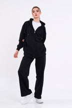 Kadın Siyah Normal Kalıp Basic Beli Lastikli Kapüşonlu Oversize Mevsimlik Alt Üst Eşofman Takımı CMRE7367