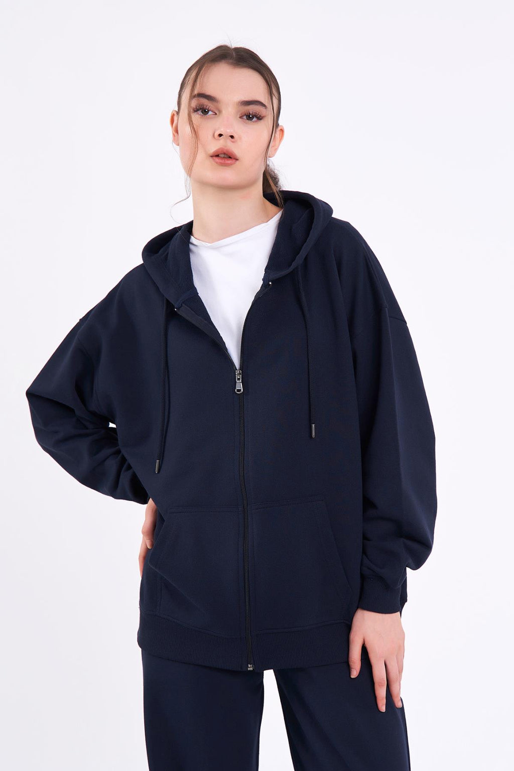 Kadın Lacivert Normal Kalıp Basic Beli Lastikli Kapüşonlu Oversize Mevsimlik Alt Üst Eşofman Takımı CMRE7367