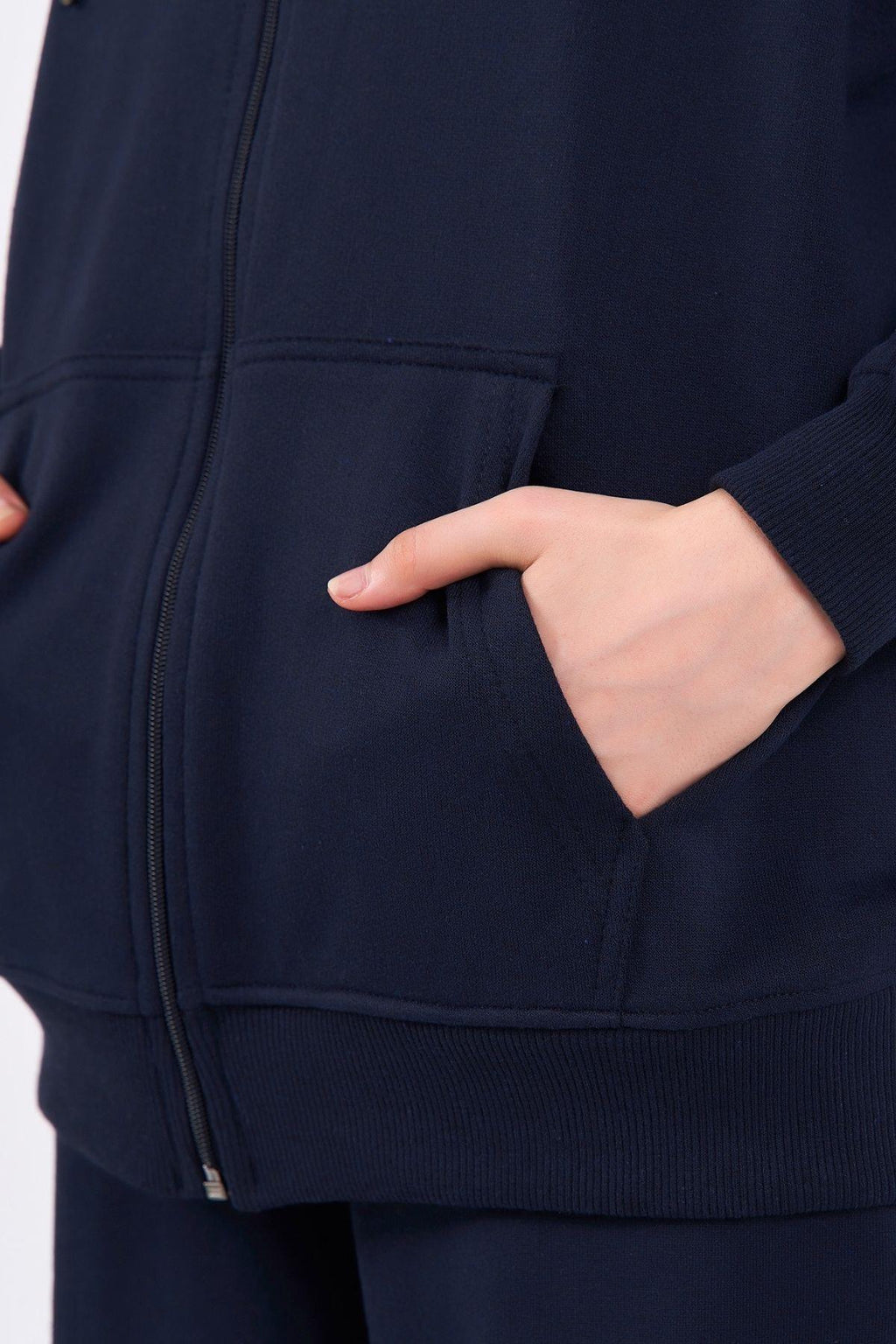 Kadın Lacivert Normal Kalıp Basic Beli Lastikli Kapüşonlu Oversize Mevsimlik Alt Üst Eşofman Takımı CMRE7367