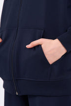 Kadın Lacivert Normal Kalıp Basic Beli Lastikli Kapüşonlu Oversize Mevsimlik Alt Üst Eşofman Takımı CMRE7367