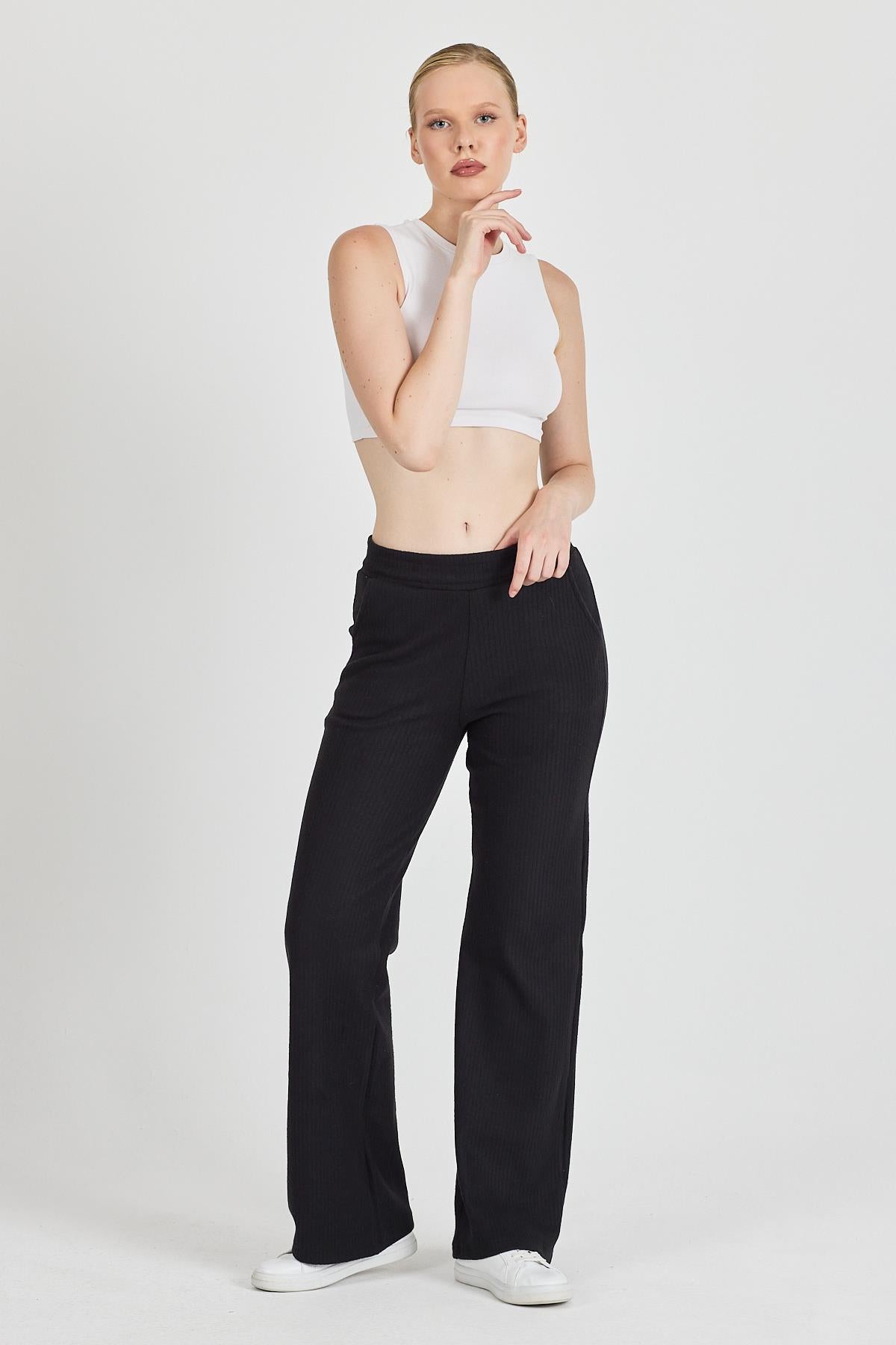 Kadın Siyah Yüksek Bel Bol Paça Kaşkorse Fitilli Cepli Pantolon Eşofman Altı CMRB104