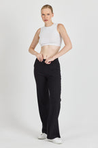 Kadın Siyah Yüksek Bel Bol Paça Kaşkorse Fitilli Cepli Pantolon Eşofman Altı CMRB104