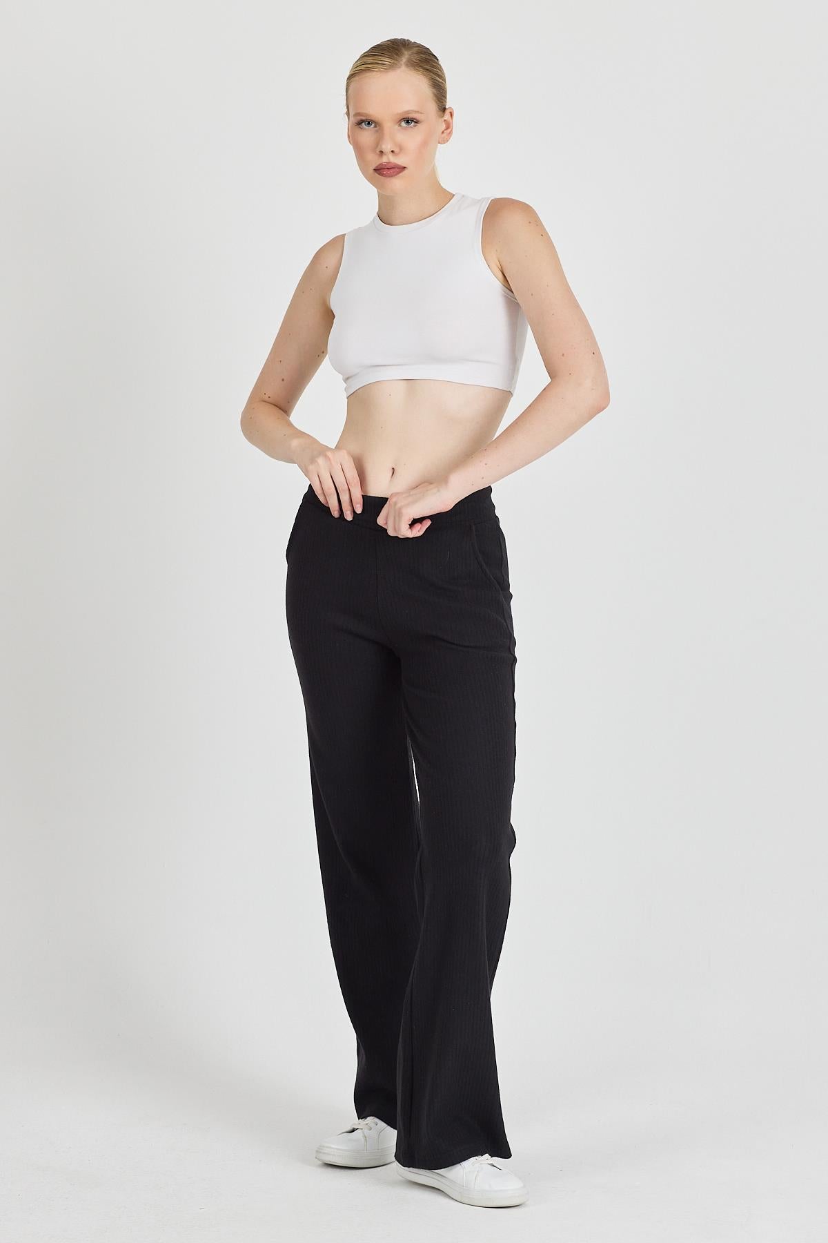 Kadın Siyah Yüksek Bel Bol Paça Kaşkorse Fitilli Cepli Pantolon Eşofman Altı CMRB104