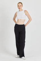 Kadın Siyah Yüksek Bel Bol Paça Kaşkorse Fitilli Cepli Pantolon Eşofman Altı CMRB104