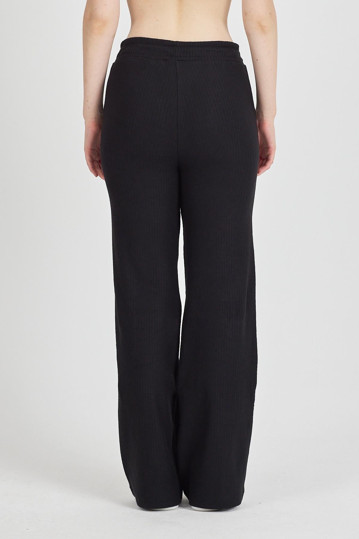 Kadın Siyah Yüksek Bel Bol Paça Kaşkorse Fitilli Cepli Pantolon Eşofman Altı CMRB104