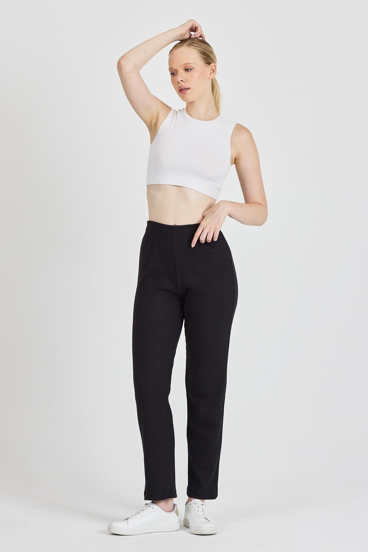 Kadın Siyah Yüksek Bel Fitilli Bol Paça Günlük İnce Eşofman Altı Pijama