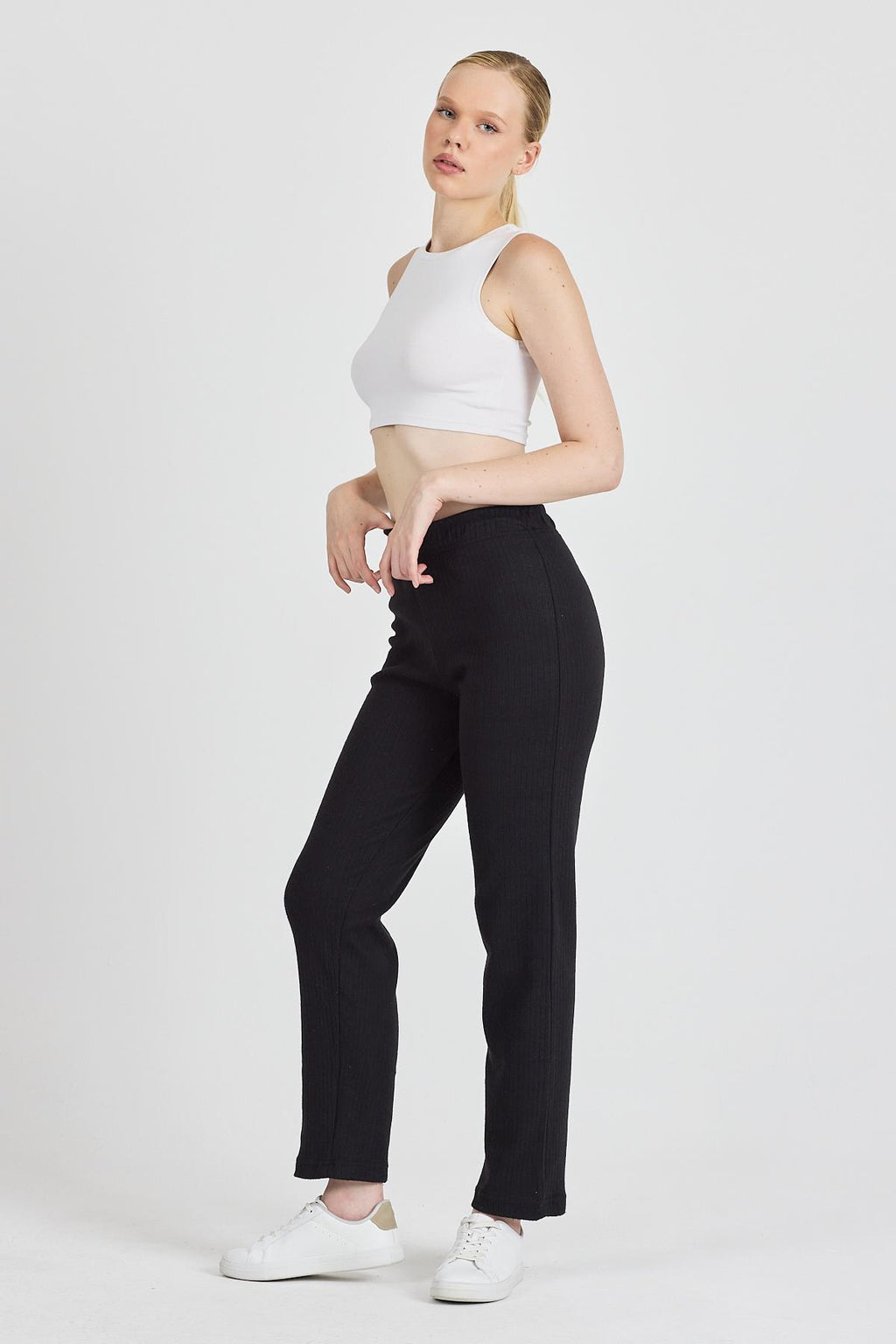 Kadın Siyah Yüksek Bel Fitilli Bol Paça Günlük İnce Eşofman Altı Pijama