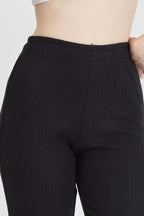 Kadın Siyah Yüksek Bel Fitilli Bol Paça Günlük İnce Eşofman Altı Pijama