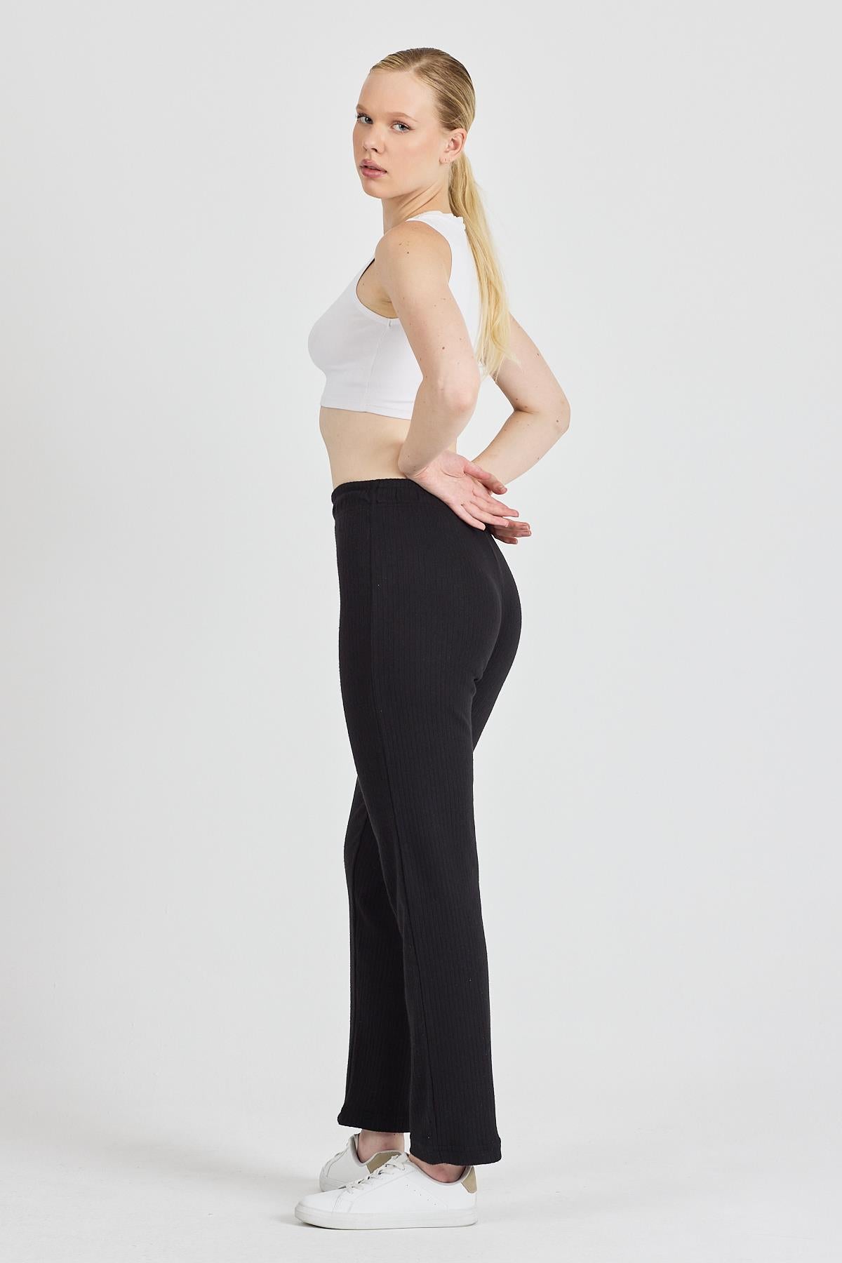 Kadın Siyah Yüksek Bel Fitilli Bol Paça Günlük İnce Eşofman Altı Pijama