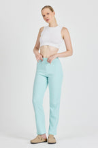 Kadın Su Yeşili Yüksek Bel Fitilli Bol Paça Günlük İnce Eşofman Altı Pijama