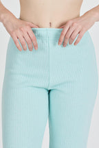 Kadın Su Yeşili Yüksek Bel Fitilli Bol Paça Günlük İnce Eşofman Altı Pijama