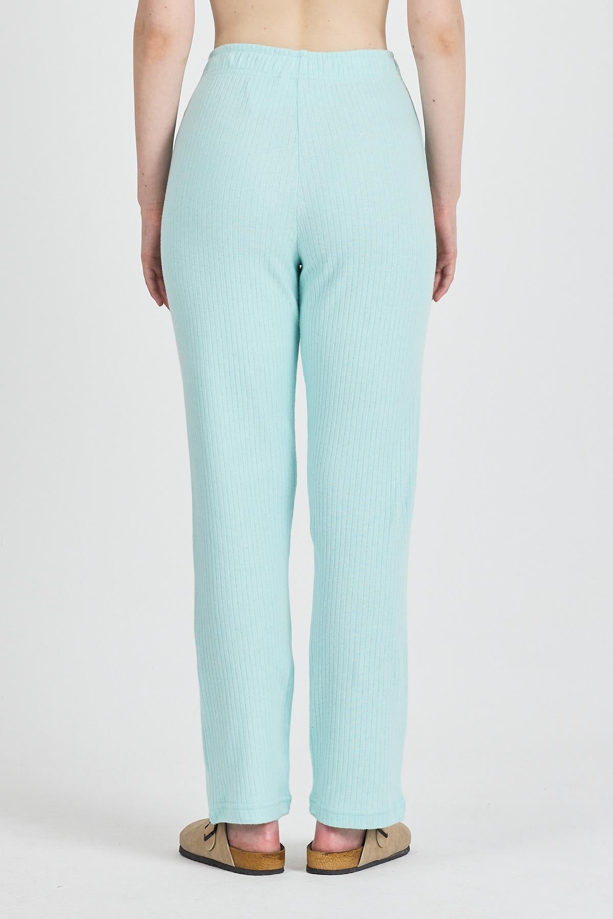 Kadın Su Yeşili Yüksek Bel Fitilli Bol Paça Günlük İnce Eşofman Altı Pijama