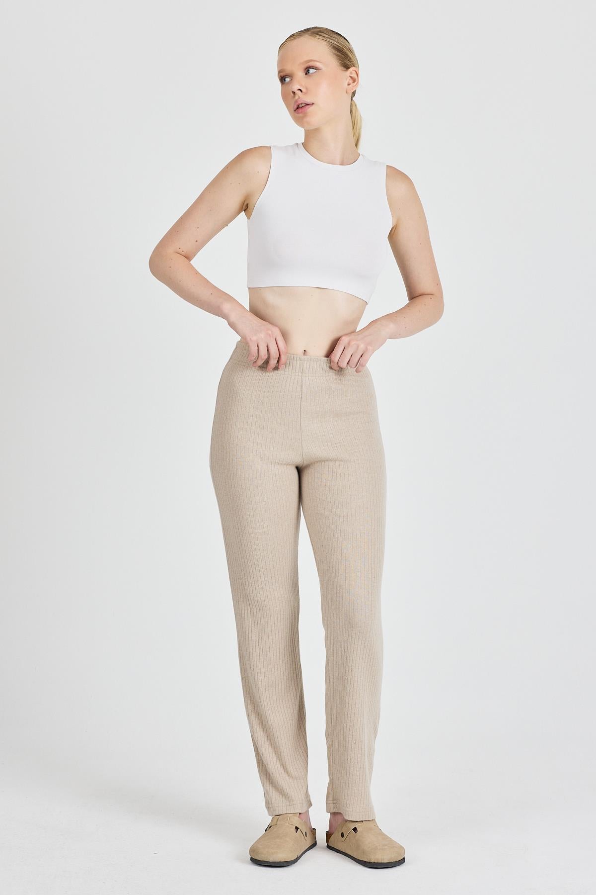 Kadın Vizon Yüksek Bel Fitilli Bol Paça Günlük İnce Eşofman Altı Pijama