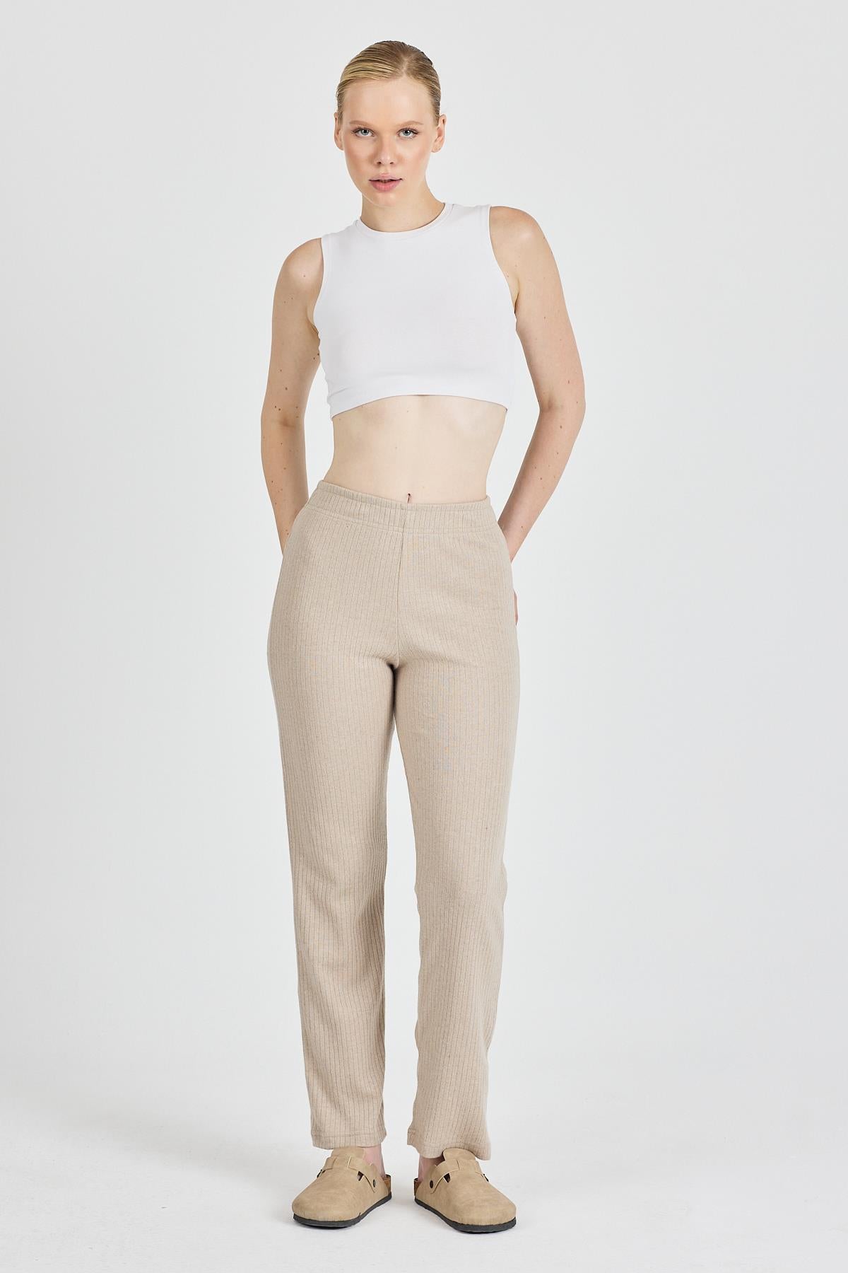 Kadın Vizon Yüksek Bel Fitilli Bol Paça Günlük İnce Eşofman Altı Pijama