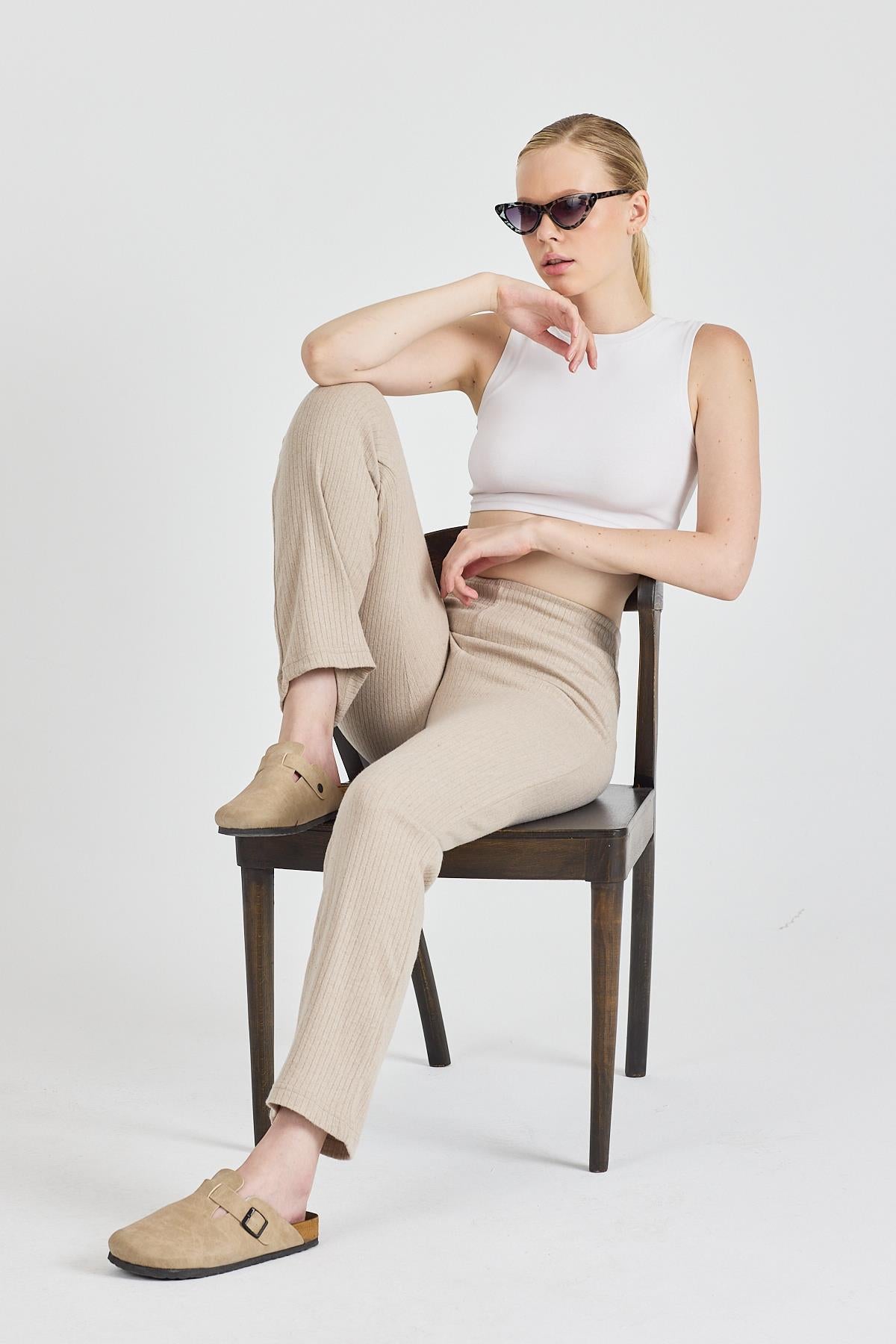 Kadın Vizon Yüksek Bel Fitilli Bol Paça Günlük İnce Eşofman Altı Pijama