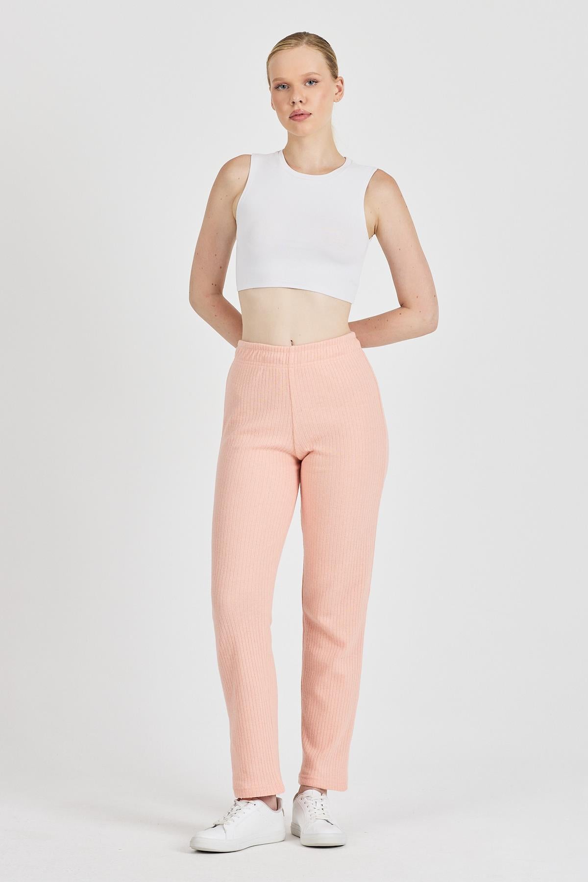 Kadın Yavruağzı Yüksek Bel Fitilli Bol Paça Günlük İnce Eşofman Altı Pijama