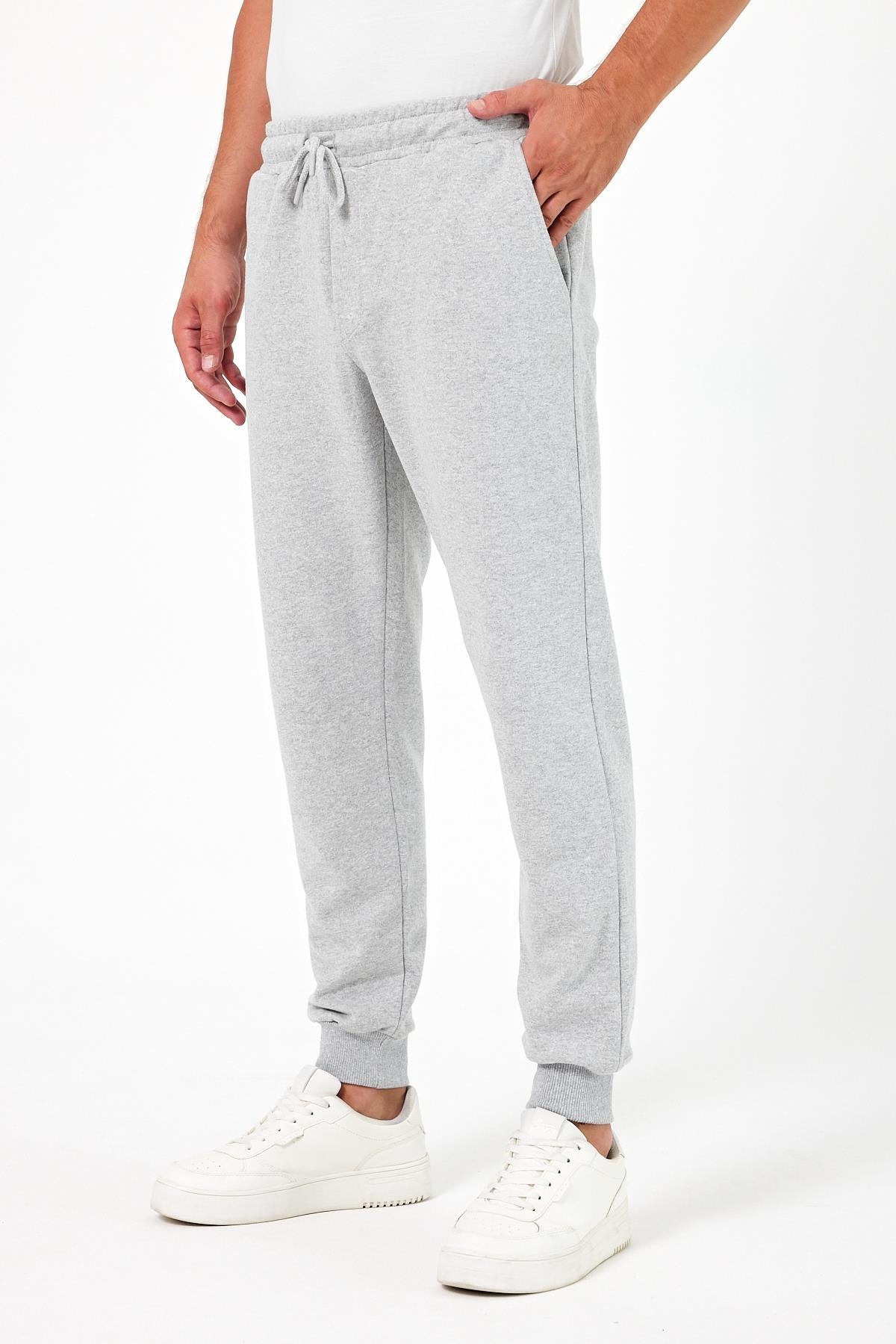 Kalın Gri Erkek Eşofman Altı Jogger Arka Cepli Paça Lastikli Regular Fit Şardonsuz CMRE97