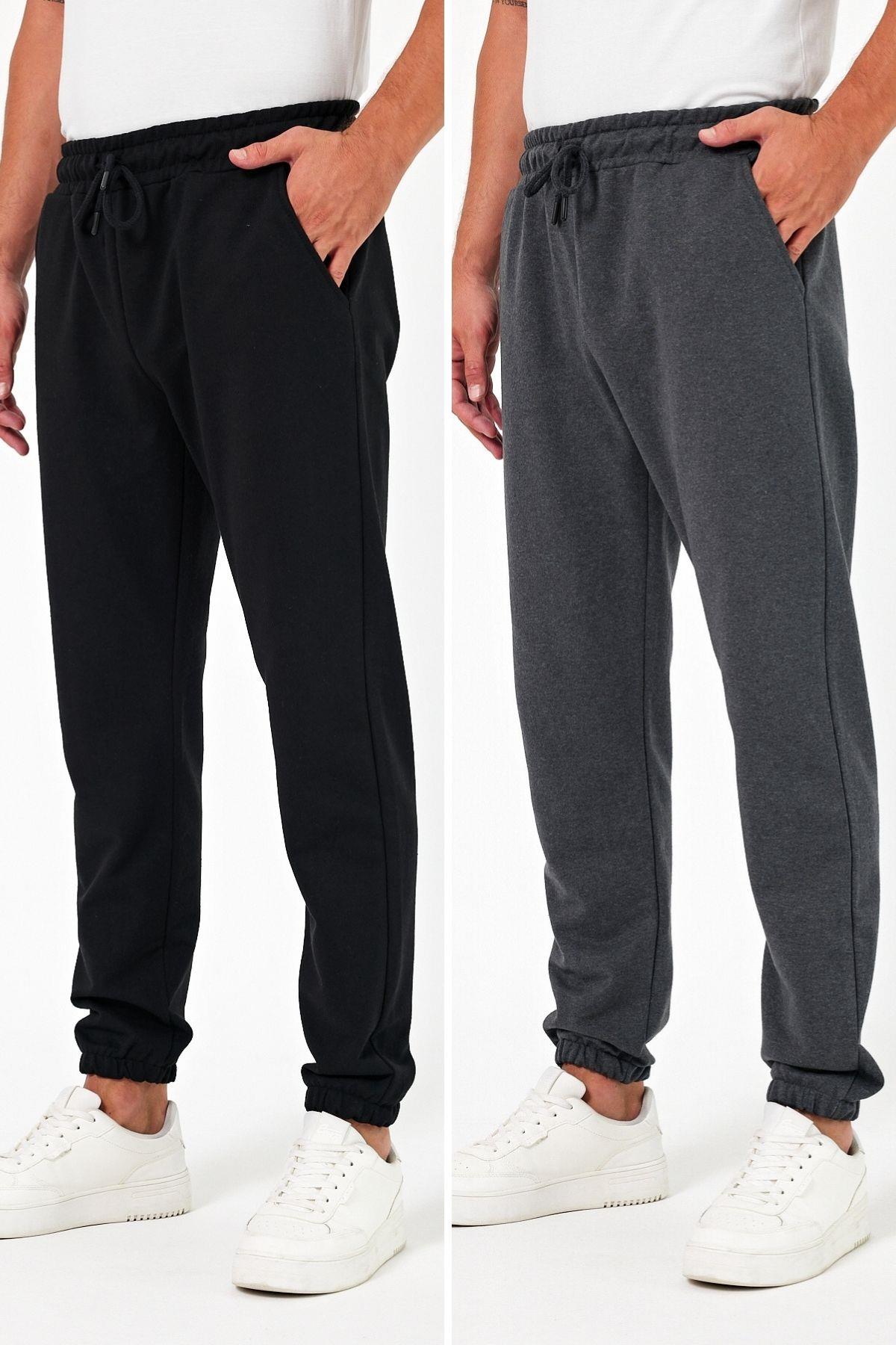 Kalın Siyah-Antrasit Erkek 2'li Eşofman Altı Jogger Arka Cepli Lastik Paça Regular Fit Şardonsuz