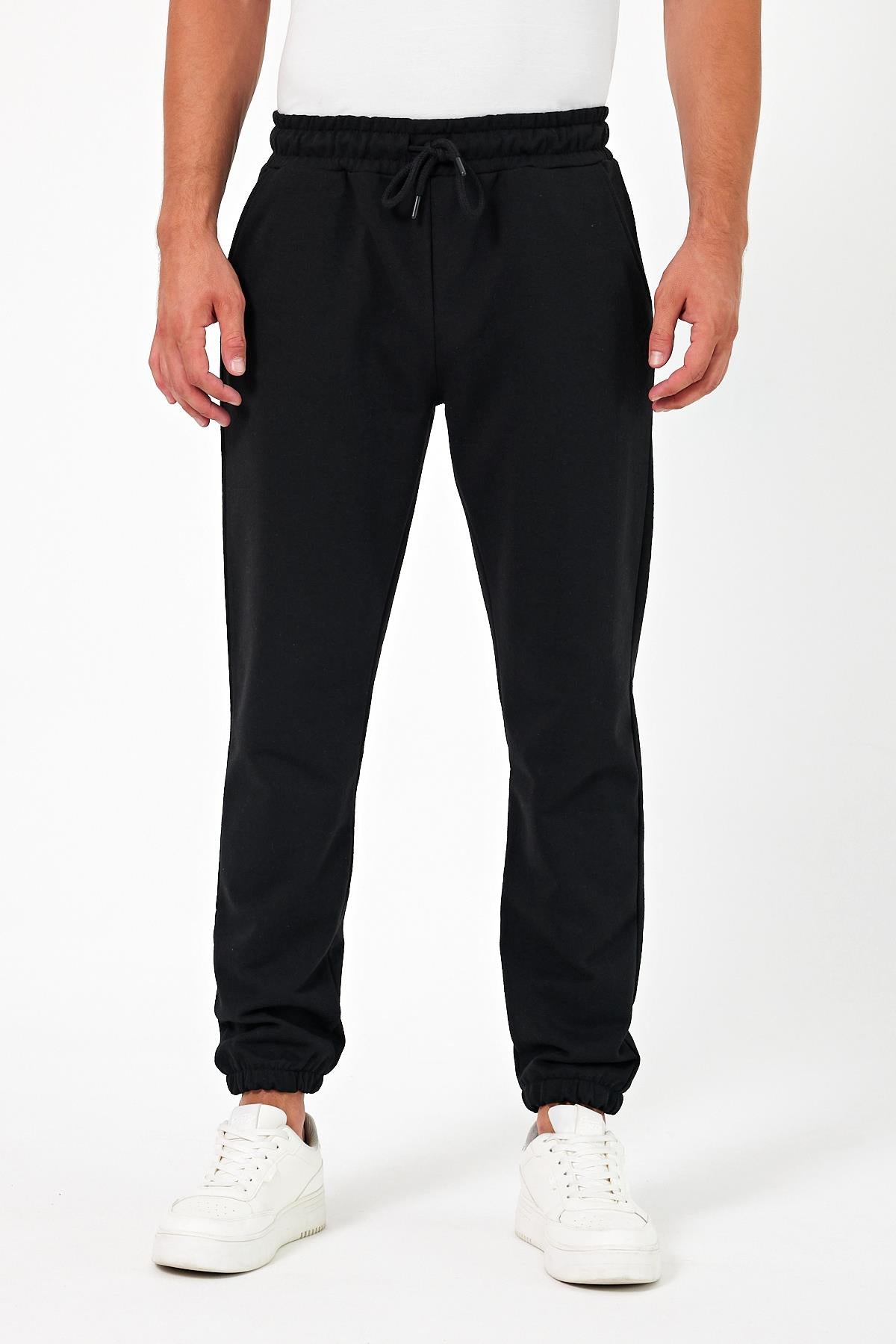 Kalın Siyah Erkek Eşofman Altı Jogger Arka Cepli Lastik Paça Regular Fit Şardonsuz CMREO96