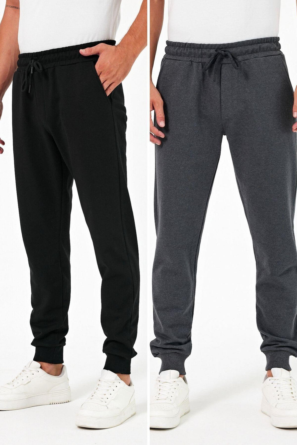 Kalın Siyah-Antrasit Erkek 2'li Eşofman Altı Jogger Arka Cepli Paça Lastikli Regular Fit Şardonsuz CMRE97