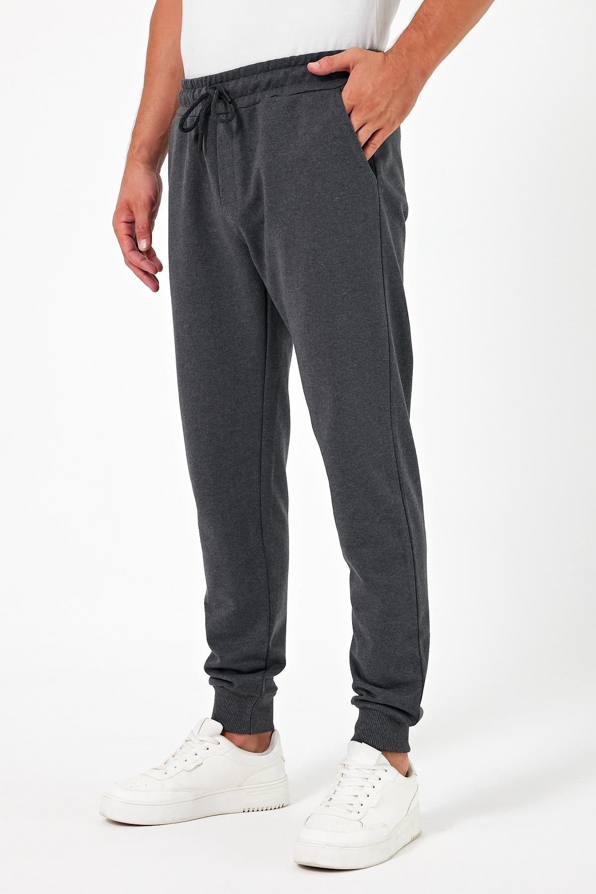 Kalın Siyah-Antrasit Erkek 2'li Eşofman Altı Jogger Arka Cepli Paça Lastikli Regular Fit Şardonsuz CMRE97