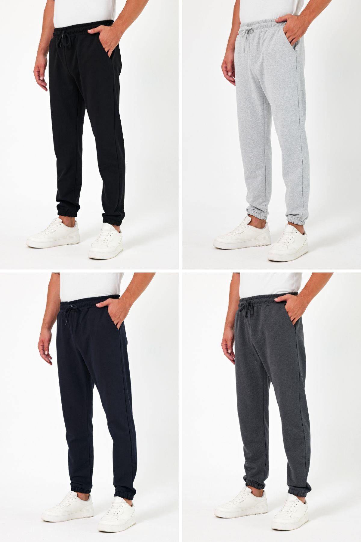 Kalın Siyah-Lacivert-Gri-Antrasit Erkek 4'lü Eşofman Altı Jogger Arka Cepli Lastik Paça Regular Fit Şardonsuz CMREO96-4