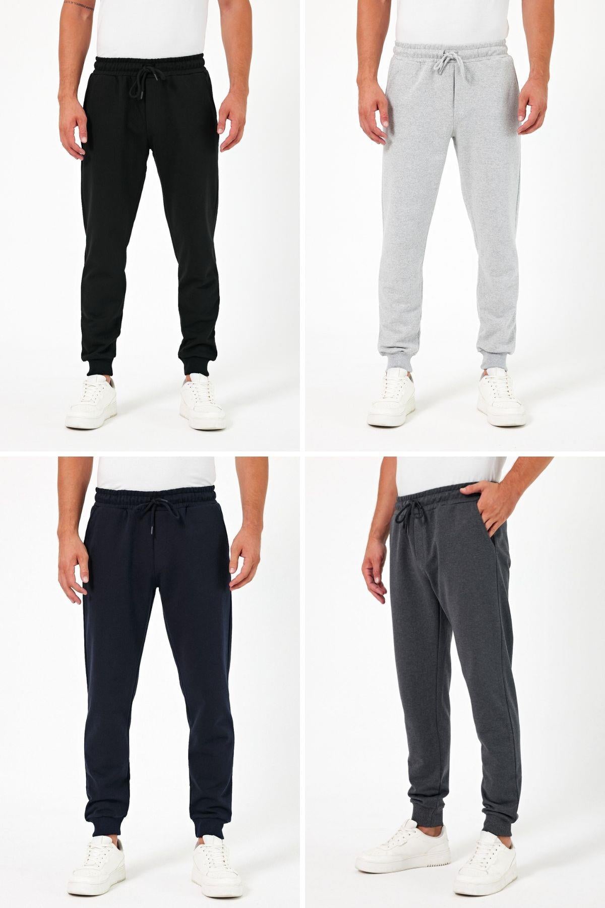 Kalın Siyah-Lacivert-Gri-Antrasit Erkek 4'lü Eşofman Altı Jogger Arka Cepli Paça Lastikli Regular Fit Şardonsuz CMRE97