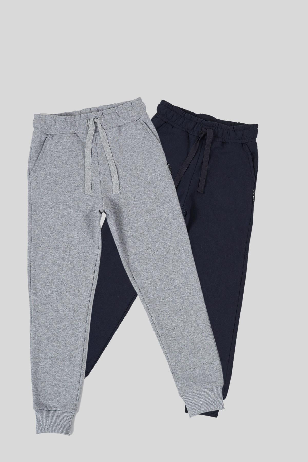 Siyah-Antrasit Kalın Pamuklu Beli ve Paçası Lastikli Cepli 2'li Kız Çocuk Eşofman Altı CMRB99-2