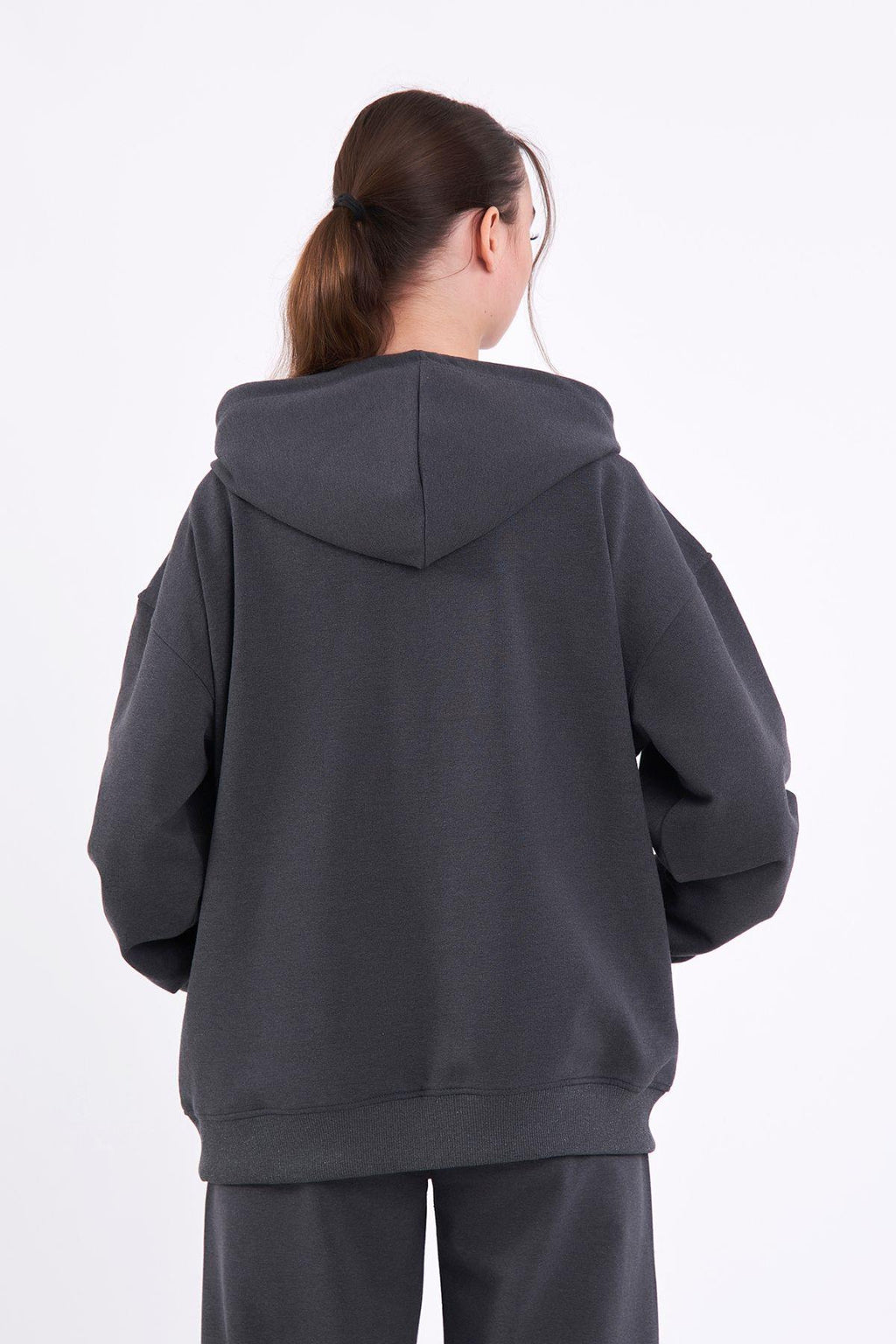 Antrasit Kanguru Cepli Kapüşonlu Fermuarlı Oversize Kadın Sweatshirt CMRB73-Antrasit