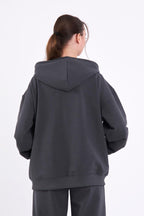 Antrasit Kanguru Cepli Kapüşonlu Fermuarlı Oversize Kadın Sweatshirt CMRB73-Antrasit