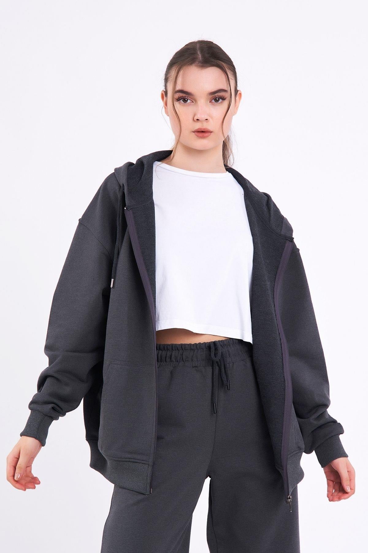 Antrasit Kanguru Cepli Kapüşonlu Fermuarlı Oversize Kadın Sweatshirt CMRB73-Antrasit