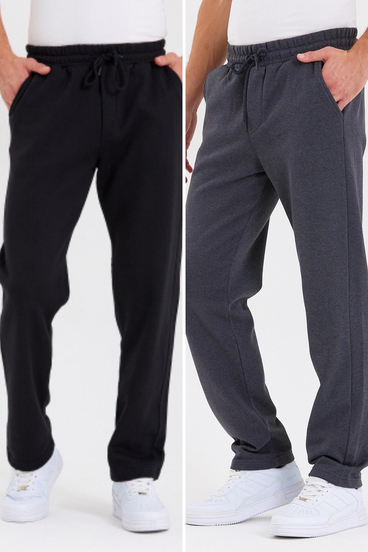 Siyah-Antrasit  Arka Cepli Etiket Detaylı Düz Paça Erkek İçi Pamuklu 2'li Eşofman Altı