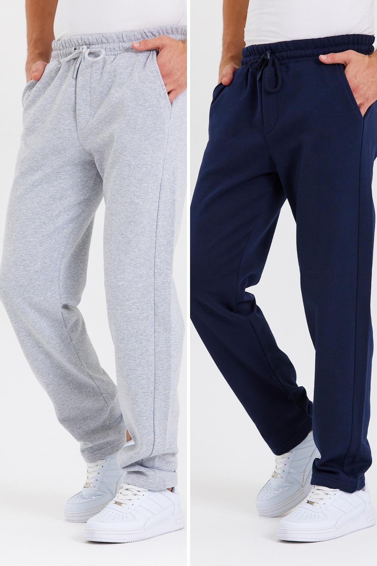 Siyah-Antrasit  Arka Cepli Etiket Detaylı Düz Paça Erkek İçi Pamuklu 2'li Eşofman Altı