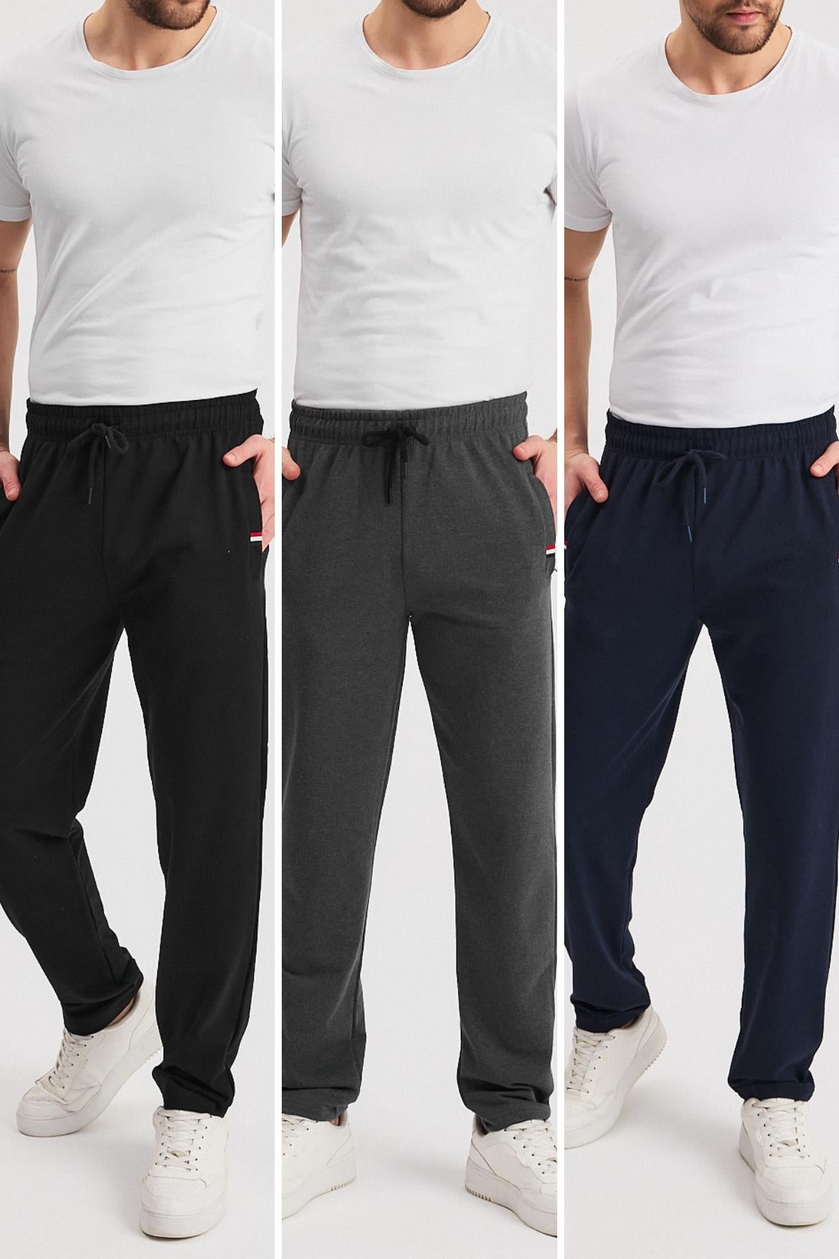Siyah-Lacivert-Antrasit Erkek Fermuarlı Cepli Nakış Detaylı Düz Paça Rahat Kesim Günlük 3'lü Eşofman