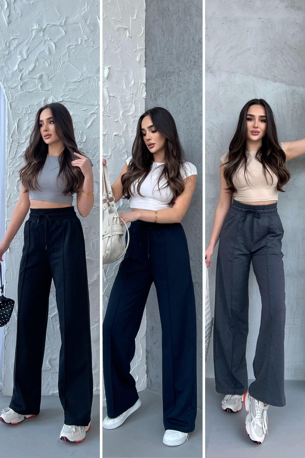 Siyah-Lacivert-Antrasit Kadın Mevsimlik Salaş Geniş Paça Yüksek Bel 3'lü Eşofman Altı CMRB102