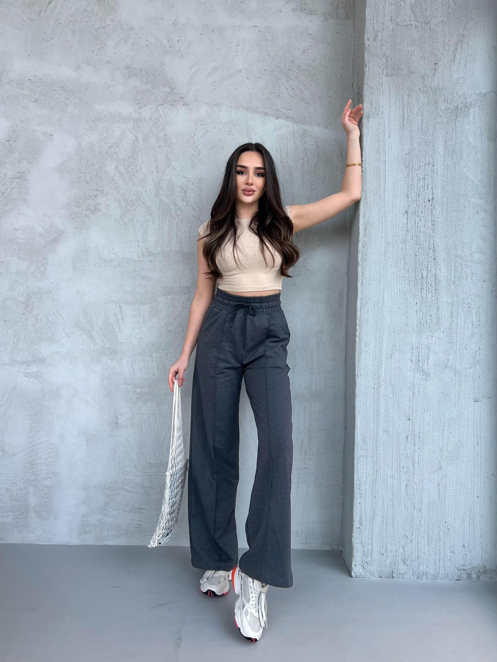 Siyah-Lacivert-Antrasit Kadın Mevsimlik Salaş Geniş Paça Yüksek Bel 3'lü Eşofman Altı CMRB102