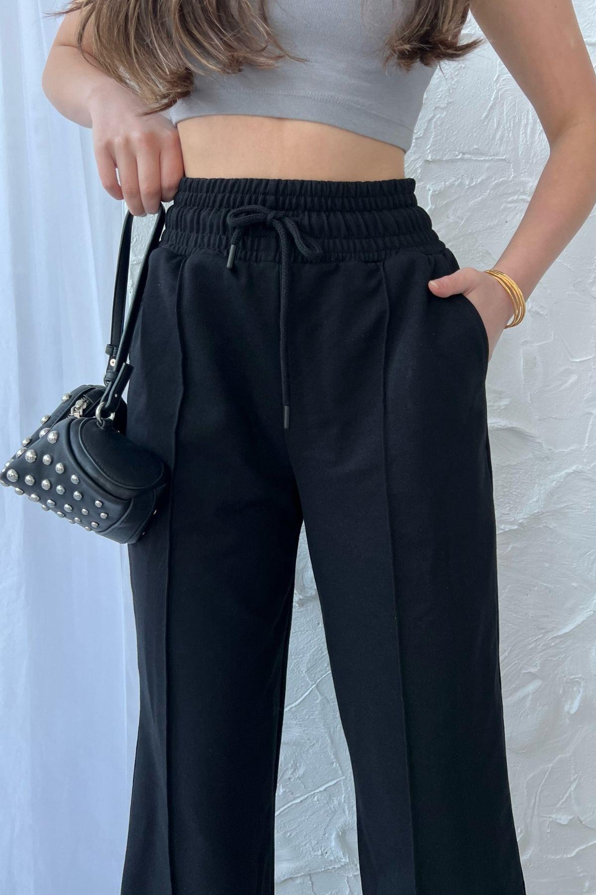 Siyah-Lacivert-Antrasit Kadın Mevsimlik Salaş Geniş Paça Yüksek Bel 3'lü Eşofman Altı CMRB102