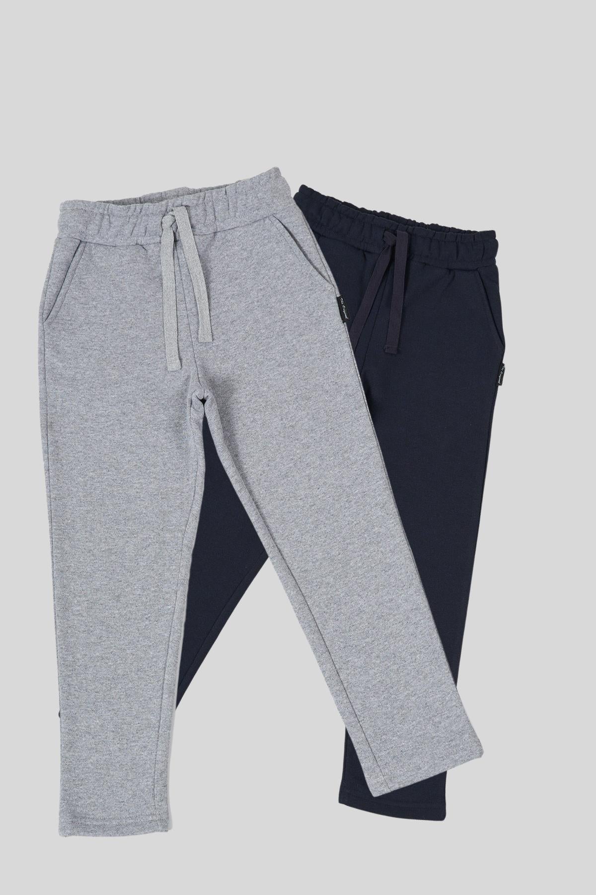 Siyah-Antrasit Kalın Pamuklu Beli Lastikli Yan Cepli 2'li Erkek Çocuk Eşofman Altı