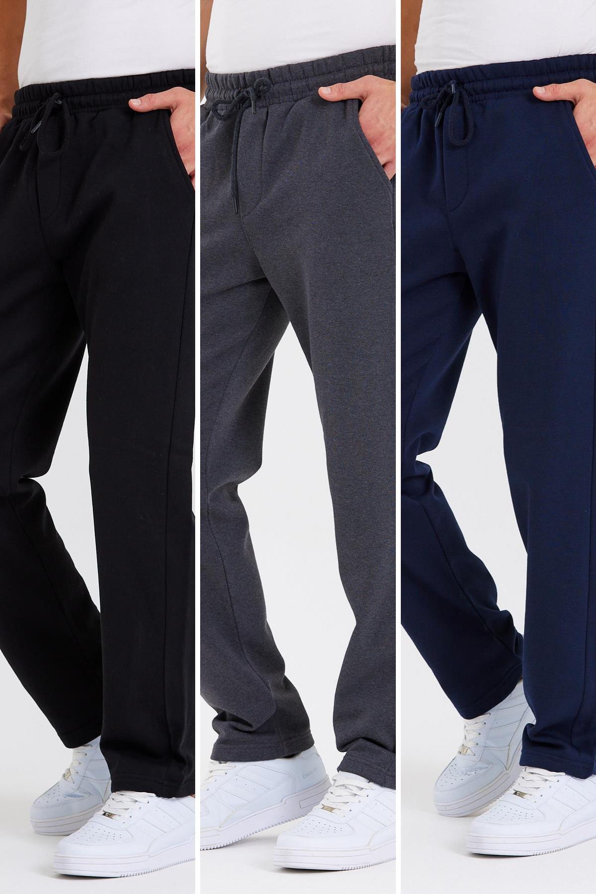 Siyah-Antrasit-Lacivert  Arka Cepli Etiket Detaylı Düz Paça Erkek İçi Pamuklu 3'lü Eşofman Altı