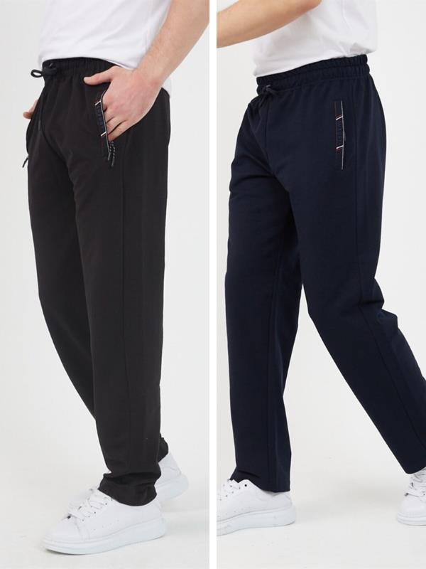 Siyah Erkek 2'li Fermuar Cep Nakış Detaylı Düz Paça Rahat Kesim Eşofman Altı