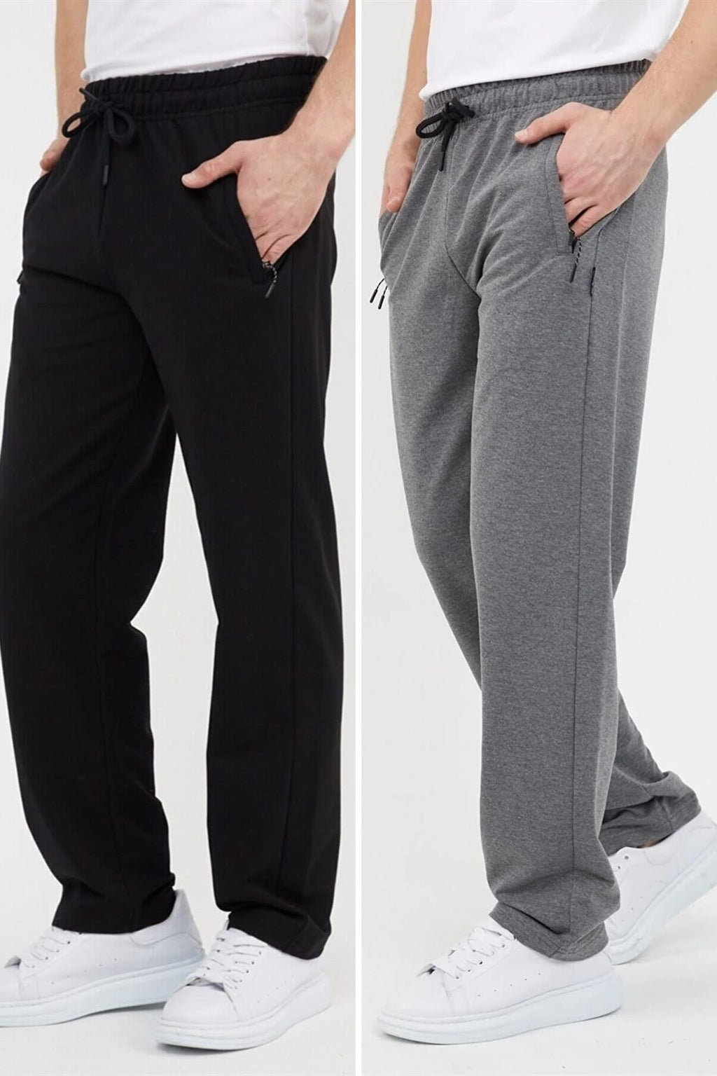 COMEOR Siyah Erkek Büyük Beden 2'li Düz Paça Cep Fermuar Detaylı Rahat Kesim Eşofman Altı