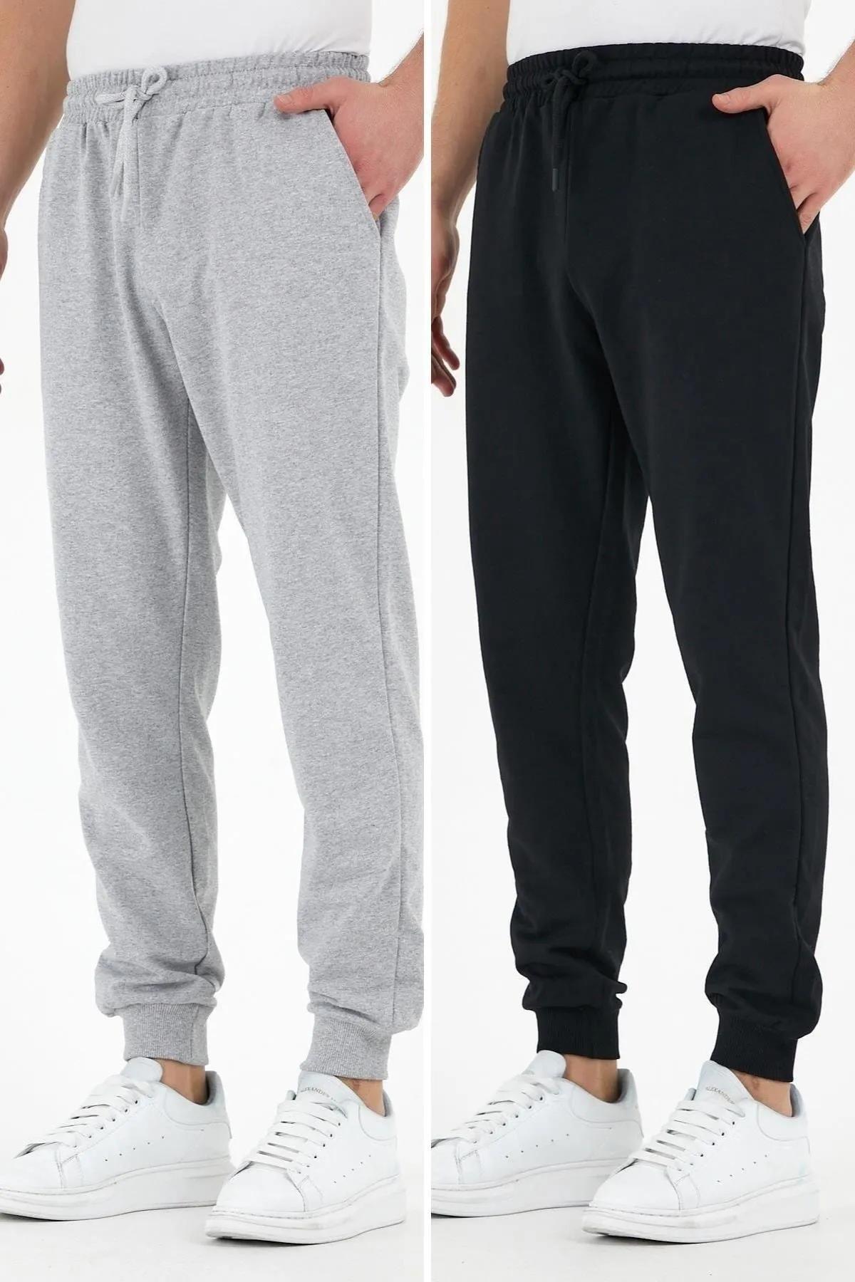 Siyah-gri 2'li Erkek Eşofman Altı Etiketli Arka Ve Yan Cepli Regular Fit